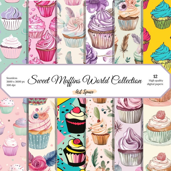 Sweet Muffins Digital Paper, Seamless Patterns, Scrapbook Papers, Candy Backgrounds, Printable, Instant Download, Commercial Use