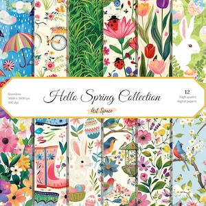 May include: A collection of 12 digital papers with spring-themed designs. The patterns include flowers, a bicycle, a bunny, and a ladybug. The text "Hello Spring Collection" is displayed in the center, with the Art Space logo below.