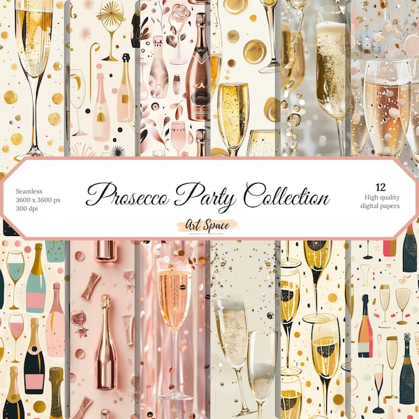 Prosecco Party Digital Paper, Seamless Patterns, Scrapbook Papers, Party Backgrounds, Printable, Instant Download, Commercial Use