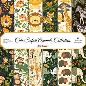 Carta digitale con animali da safari, motivi senza soluzione di continuità, carte per album, sfondi con animali, stampabili, download immediato, uso commerciale