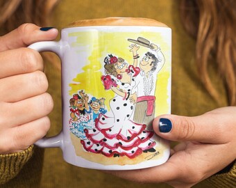 Taza con pareja acuarela (33 cl o 44 cl), Feria de Sevilla, Regalo para feriantes, regalos desde Sevilla, España, Ole ole