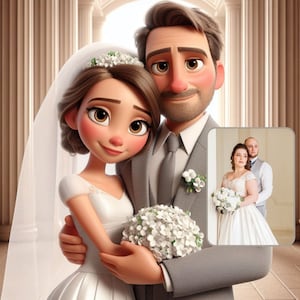 Retrato de boda de dibujos animados, dibujos de Pixar, regalos para pareja recién comprometida, retrato de boda personalizado, regalo de aniversario de papel para pareja