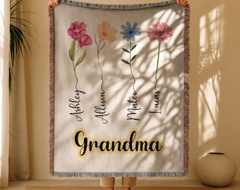 Personalized Grandma Woven Blanket, Custom Grandma Throw Gift Birthday, Nana Floral Throw, Present for Grandmother,  Wildflower Blanket