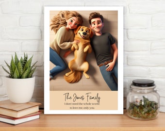 Personalised Couple and Dog Print, Family and Dog Portrait, Couple and Pet Drawing, Cartoon Family Portrait with Pet, Valentine Gift Ideas