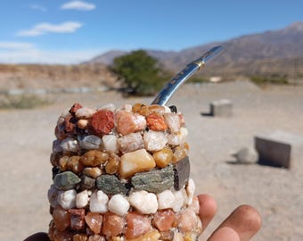 Unique Handmade Mineral Mate Cup – Multi-Stone Yerba Mate Gourd Inspired by the Andes