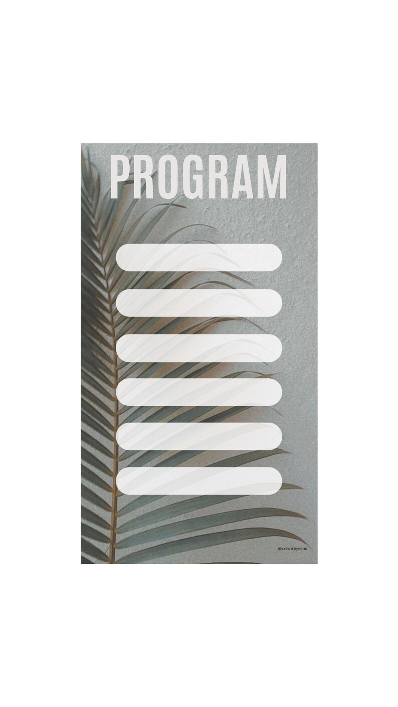 K&ouml;nnte beinhalten: Minimalistisches Design mit dem Wort &bdquo;PROGRAMM&ldquo; in wei&szlig;en Blockbuchstaben oben. Darunter sechs horizontale wei&szlig;e Ovale. Ein getrocknetes Palmenblatt befindet sich auf der linken Seite, vor grauem Hintergrund.