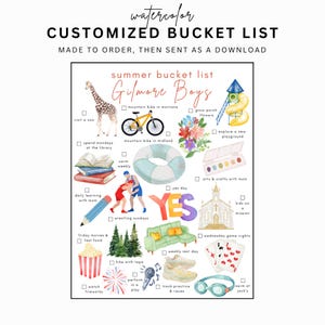 Puede incluir: Lista de deseos de verano en acuarela con el texto "Gilmore Boys". La lista incluye ilustraciones de una jirafa, bicicleta, flores, parque infantil, libros y lucha libre. El texto "CUSTOMIZED BUCKET LIST" está en la parte superior.