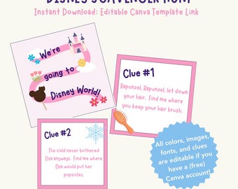 Disney Scavenger Hunt, Disney Trip Reveal, Disney Scavenger Hunt Editable Clues, Disney Trip Reveal for Kids, Scavenger Hunt Template