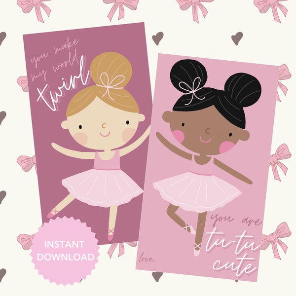 Ballerina Valentine, Printable, Girls Valentine, Twirl, Dancing, Kids Valentine