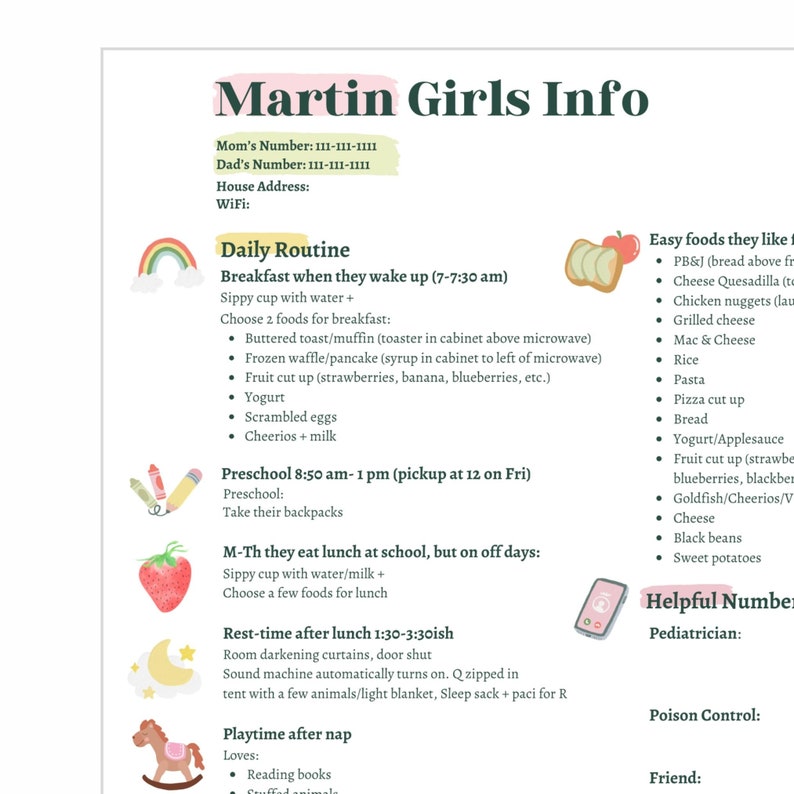 Baby and Toddler Schedule, Babysitter Info Sheet, Nighttime Routine - Etsy