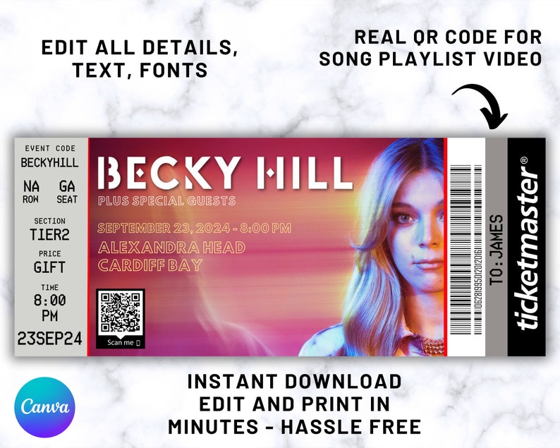 Editable Becky Hill Concert Ticket 2024 Tour, All UK & Ireland Dates