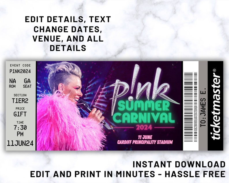 Surprise Pink Concert Tickets. Summer Carnival Tour 2024 Ticket Stub