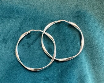 925 Solid Silver Large Twisted Hoop Earring - Latch Back