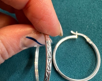925 Solid Silver Large Celtic Hoop Earring - Folding Latch Back