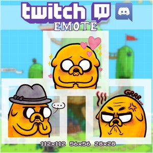 May include: Three animated emotes featuring a yellow dog with different expressions. The first emote shows the dog blushing with hearts around it. The second emote shows the dog wearing a hat and looking shy. The third emote shows the dog with angry eyebrows and the text "GRRR..." above it. The emotes are labeled with their sizes: 112x112, 56x56, and 28x28.