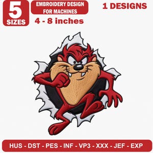 May include: An embroidery design for machines featuring the Tasmanian Devil character bursting through a white jagged hole. The design includes 5 sizes ranging from 4 to 8 inches and is available in HUS, DST, PES, INF, VP3, XXX, JEF, and EXP formats.