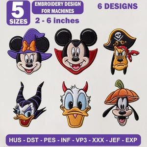 Könnte beinhalten: Sechs Maschinenstickmotive mit Zeichentrickfiguren in Halloween-Kostümen, darunter Hexe, Vampir, Pirat, gehörnter Bösewicht, Teufel und Kürbishut. Text: 5 SIZES, EMBROIDERY DESIGN FOR MACHINES, 6 DESIGNS, 2-6 inches, HUS-DST-PES-INF-VP3-XXX-JEF-EXP.