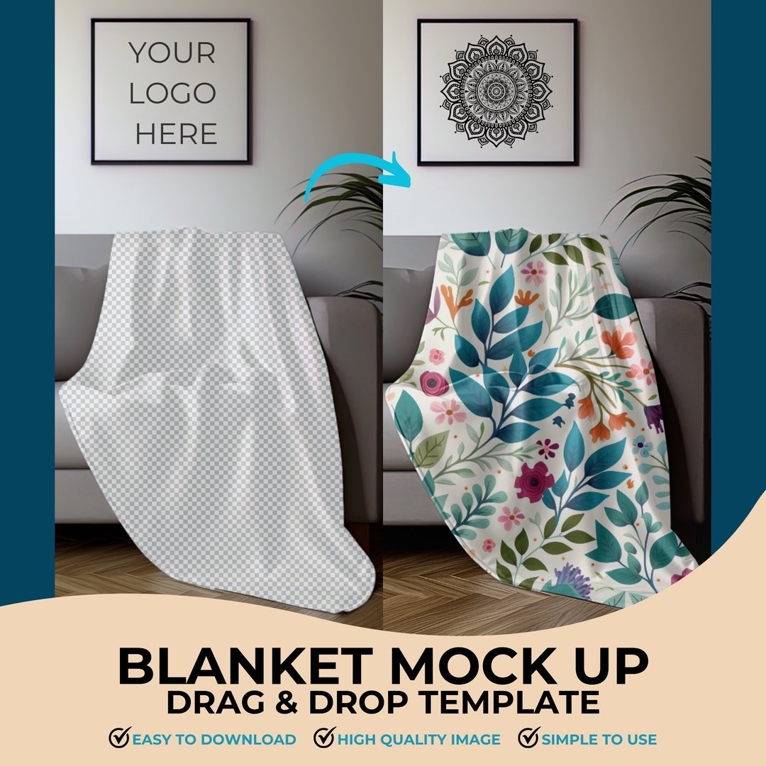 Editable Blanket Mockup, Drag and Drop PNG Template, Customizable
