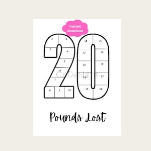 Puede incluir: Un rastreador de pérdida de peso imprimible con una ilustración en blanco y negro del número 20 con 20 cuadrados numerados. El texto "Descarga instantánea" y "Libras perdidas" también está incluido.