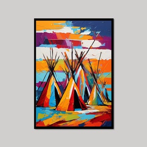 May include: Abstract painting of colorful teepees against a sunset sky. The teepees are painted in shades of blue, red, yellow, and green. The sky is painted in shades of orange, yellow, and purple.