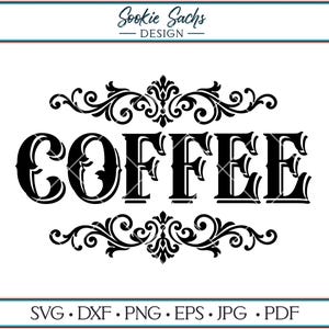 May include: A black graphic design featuring the word COFFEE in a bold, serif font, centered between two symmetrical, ornate, swirling filigree flourishes. The text Sookie Sachs DESIGN appears at the top, and SVG, DXF, PNG, EPS, JPG, PDF at the bottom.
