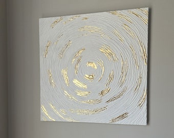 Pittura con finitura rustica bianca e oro, arte da parete strutturata, arte da parete moderna e minimalista, pittura astratta, arte da parete 3D su tela