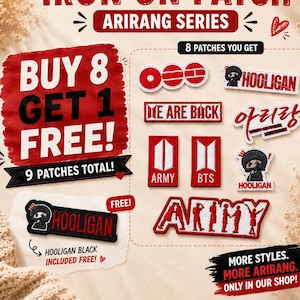 May include: A collection of red and white iron-on patches from the Arirang series. The set includes various rectangular and shaped patches featuring text such as HOOLIGAN, WE ARE BACK, ARMY, and BTS, along with graphic illustrations of figures.