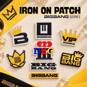 May include: A collection of embroidered iron-on patches featuring the Bigbang series logo and related designs. The patches include various crown shapes, piano keys, and text in black, yellow, red, blue, and white thread on a white background.