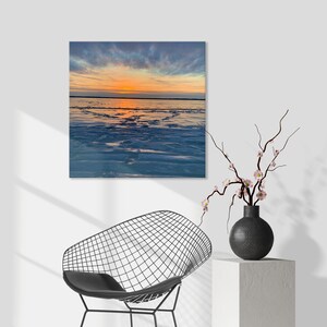 Sunset over Icy Lake, Footprints in the Ice, Canvas Wall art, Home Decor, Aylmer Marina Quebec, Nature Wall Decor, Orange Glow, CANVAS