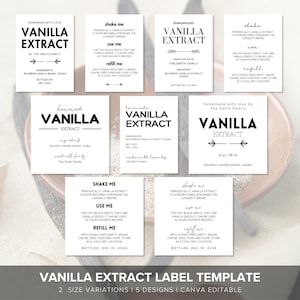 May include: A set of 10 printable labels for vanilla extract bottles. The labels feature a variety of designs, including a simple black and white design with the text "Homemade Vanilla Extract" and a more elaborate design with a floral motif. The labels are customizable and can be edited in Canva.