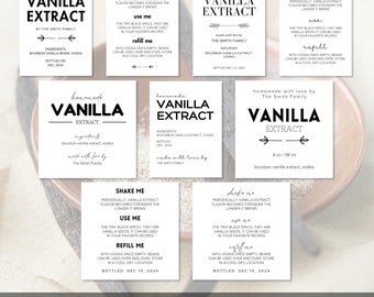 May include: A set of 10 printable labels for vanilla extract bottles. The labels feature a variety of designs, including a simple black and white design with the text "Homemade Vanilla Extract" and a more elaborate design with a floral motif. The labels are customizable and can be edited in Canva.
