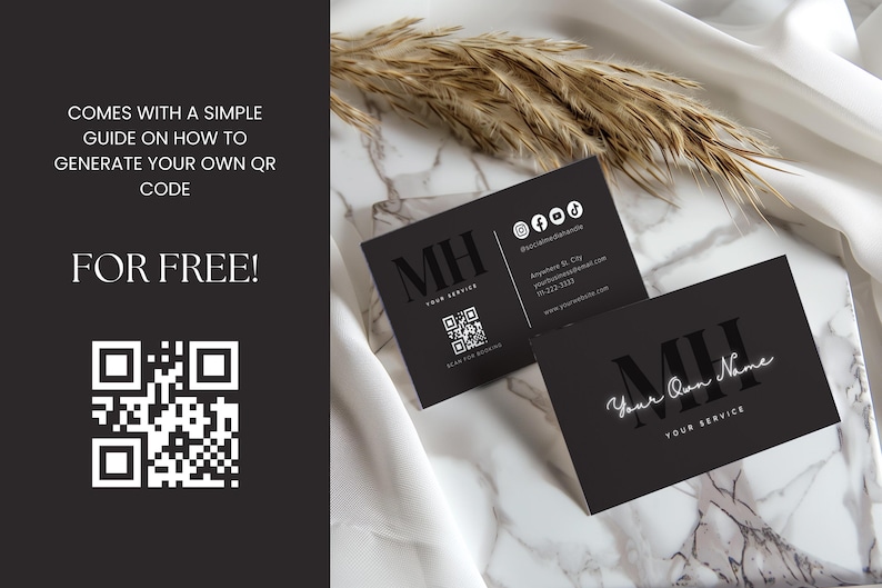 Svart visitkortsmall Canva med QR-kod, lyxigt visitkort, minimalistisk design, glamoröst PMU-visitkort, lashtech, hårstylist bild 4