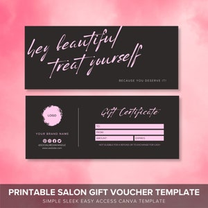 Plantilla de tarjeta de vale de certificado de regalo de esteticista de salón, plantilla de Canva femenina elegante y simple, cabello, pestañas, tecnología de uñas, tarjeta de regalo para pequeñas empresas