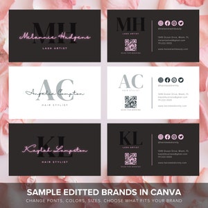 May include: Three business cards with black and white backgrounds. Each card features a different name and initials in a bold font. The names are Melanie Hudgens, Anfelse Compton, and Kaylah Lampston. Each card also includes a QR code and social media handles.