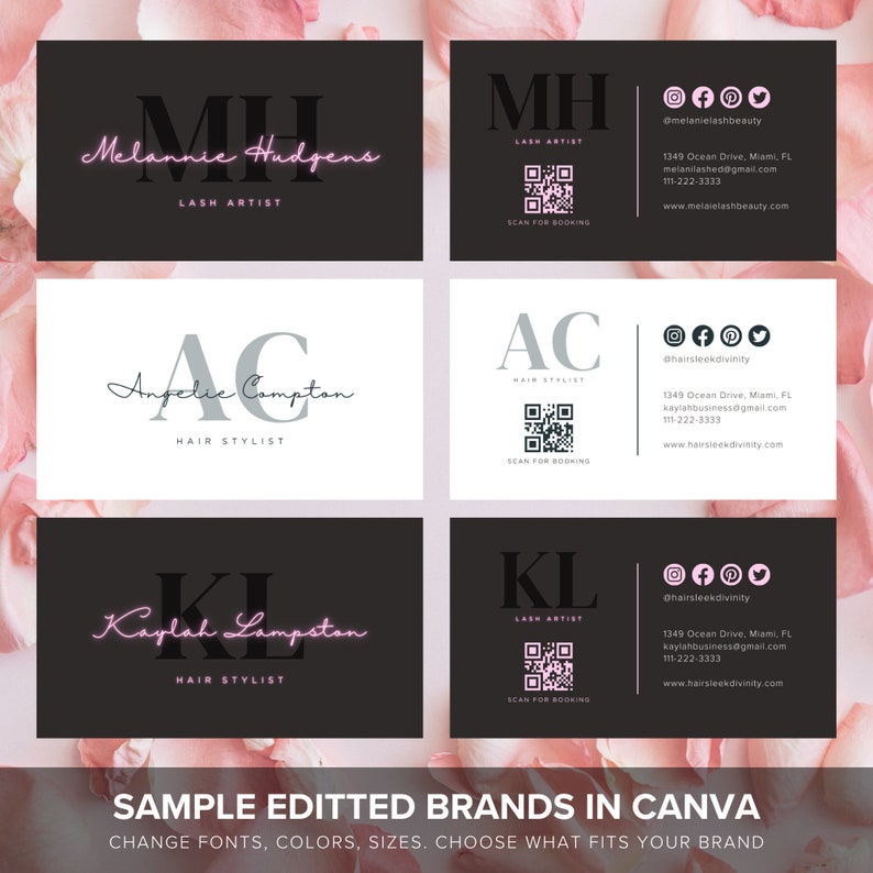 May include: Three business cards with black and white backgrounds. Each card features a different name and initials in a bold font. The names are Melanie Hudgens, Anfelse Compton, and Kaylah Lampston. Each card also includes a QR code and social media handles.