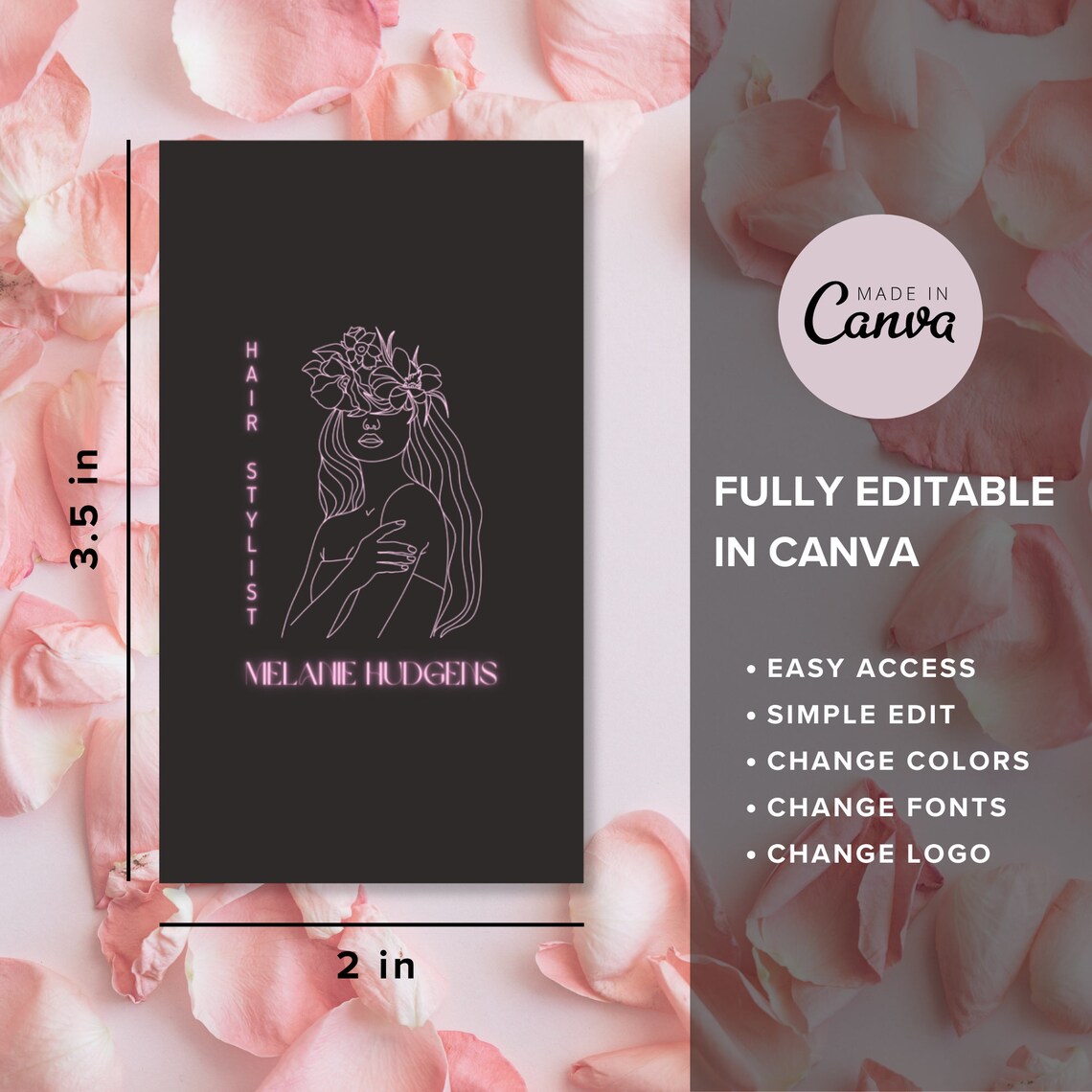 Vertical Hair Stylist Business Card Template, Simple Glowy Canva DIY ...