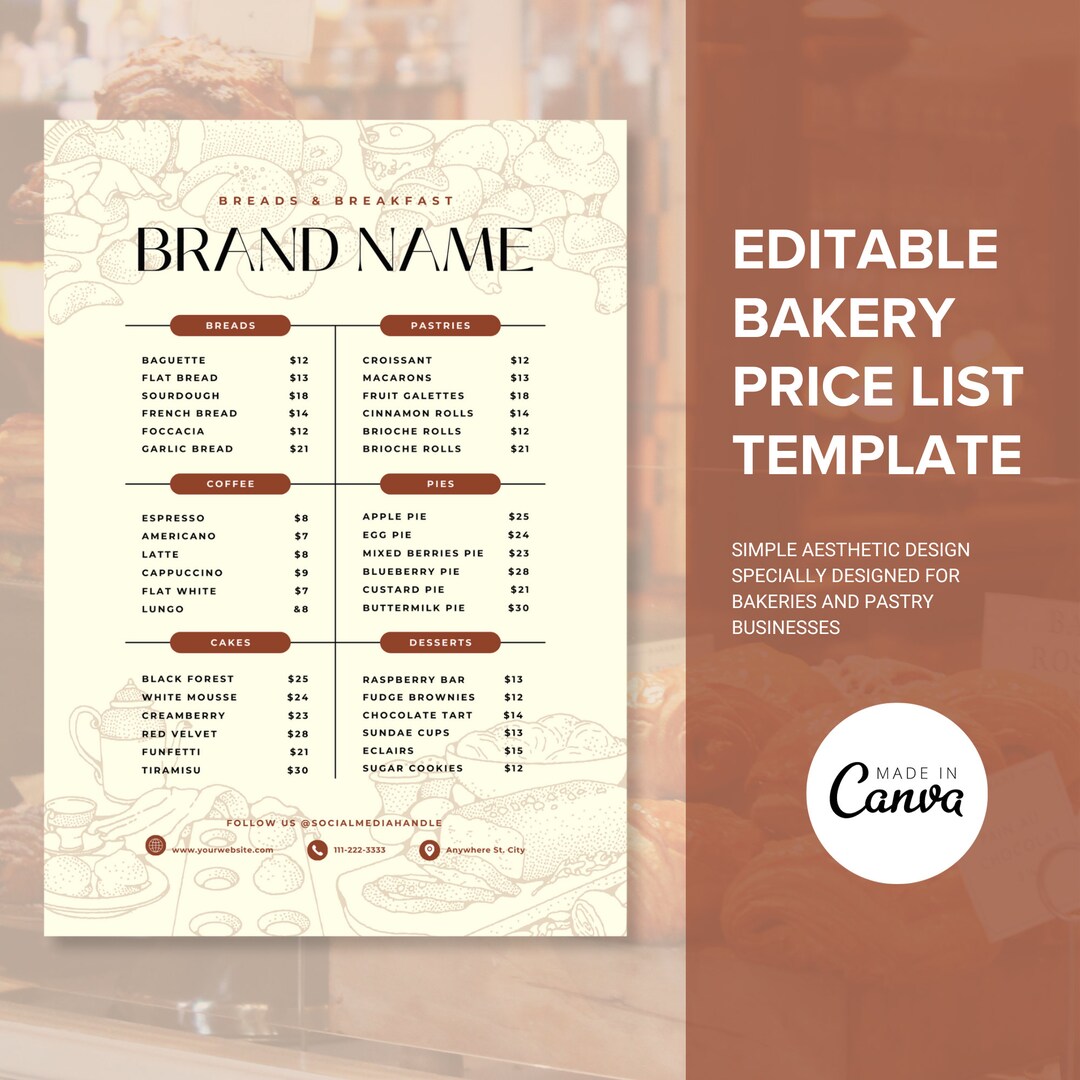 Bakery Price List Menu Template Canva, Cake Business Templates, Small