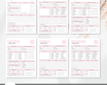May include: A set of printable bakery order forms in a pink and white color scheme. The forms are designed for custom cakes, cupcakes, fresh breads, pastries, cookies, and macarons. Each form includes sections for customer details, event details, order preferences, payment method, and delivery method. The forms are editable in Canva.