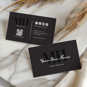 Sjabloon zwart canvas canva met QR-code, luxe visitekaartje, minimalistisch ontwerp, glamoureus PMU-visitekaartje, Lash Tech, kapper