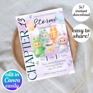 Labubu Birthday Party Editable Invitation Template l Pastel Cute Labubu Dreamy Watercolor Invite Party Bday