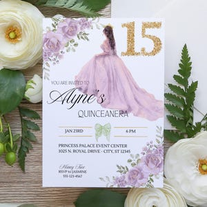 Quinceanera Invitation Editable Template l Pink Gold Green Trendy Elegant Bows Quince Invite