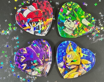 Digi Monsters Mega Evolutions Holographic Heart-Shaped Button Pins