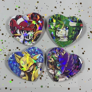 Digi Monsters Mega Evolutions Holographic Heart-Shaped Button Pins
