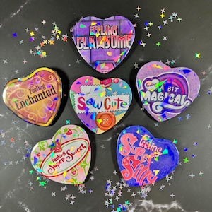 Nostalgic Childhood Mood Logos Holographic Heart-Shaped Button Pin