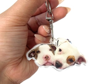 May include: A clear acrylic keychain with a photo of two white and brown dogs with their heads together. The keychain has a silver metal ring and clasp.
