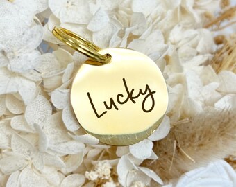 May include: Gold-colored round pet tag with the name "Lucky" engraved in cursive script.
