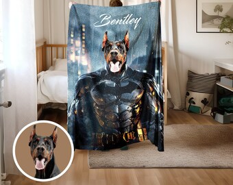 Personalized Batman Blanket -Personalized Pet Portrait Blanket with Custom Pet Photo and Name, Pets on Blanket, back to school gift