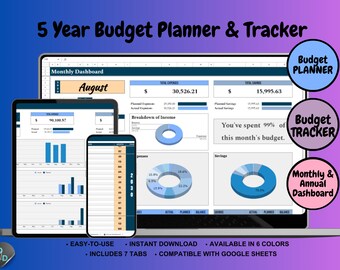 5 Year Budget Planner + Tracker Spreadsheet | Monthly + Annual Dashboard | Income, Expense, Savings (Google Sheets)