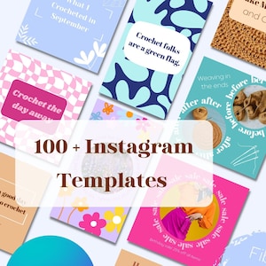 May include: A collection of 100+ Instagram templates for crochet artists, featuring a variety of colorful designs and text overlays. The templates are designed to be used with Canva, a popular graphic design platform. The text on the phone screen reads "Just keep calm and crochet."