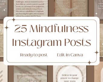 Könnte beinhalten: Eine Sammlung von 25 Achtsamkeits-Instagram-Posts, die zum Posten bereit und in Canva bearbeitbar sind. Das Design verfügt über eine neutrale Farbpalette mit inspirierenden Zitaten und Texten, darunter "Atme ein und spüre das Gewicht".